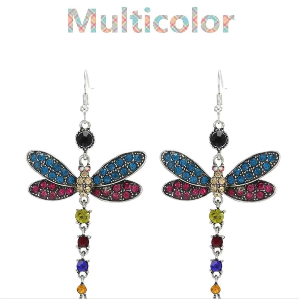 New Vintage Gorgeous Shiny Drop Dragonfly Shape Colorful Zircon Hook Earrings - Picture 4 of 5